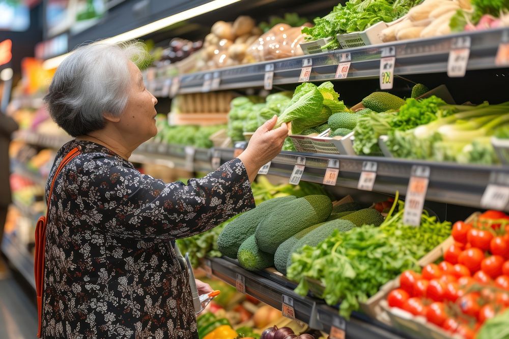Elderly woman choose vegetable at grocery store market adult consumerism.