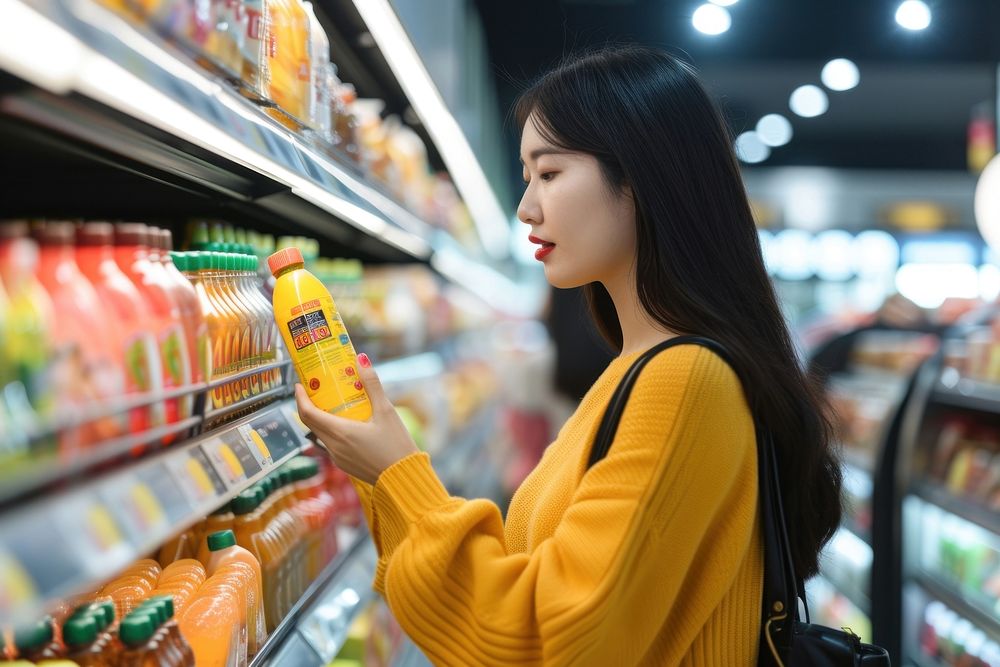 South east asian woman choose the product at grocery store supermarket adult photo.