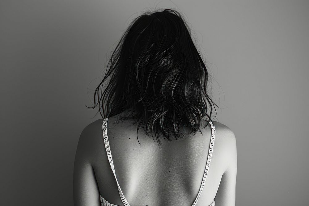 Woman showing her back with skin adult photo undergarment.