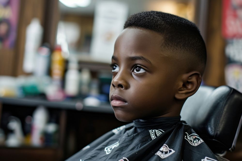 African American boy getting a haircut in barber barbershop portrait child.