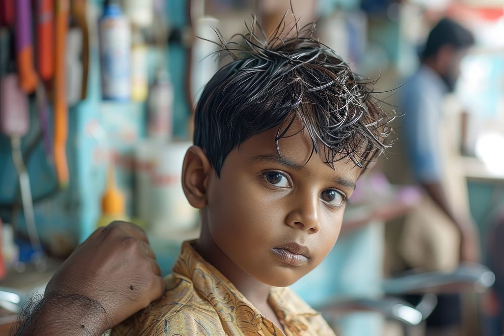 Indian boy getting a haircut in barber portrait adult photo.