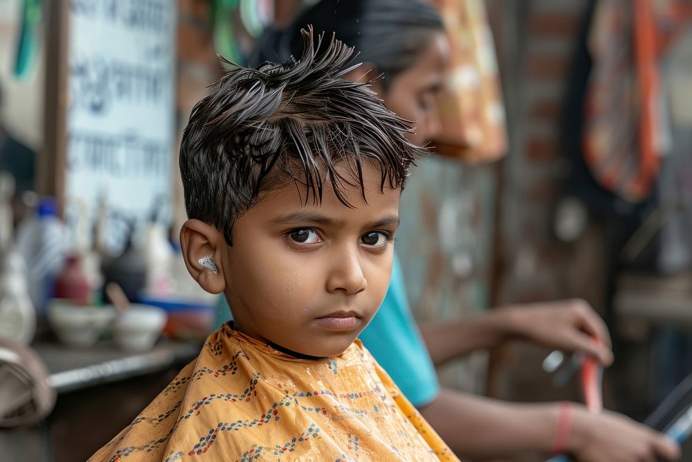 Indian boy getting a haircut in barber child architecture hairdresser.