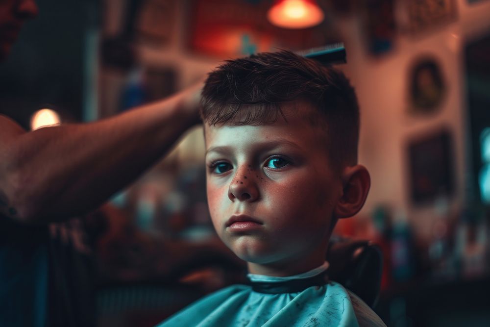 Latin boy getting a haircut in barber barbershop adult hairdresser.