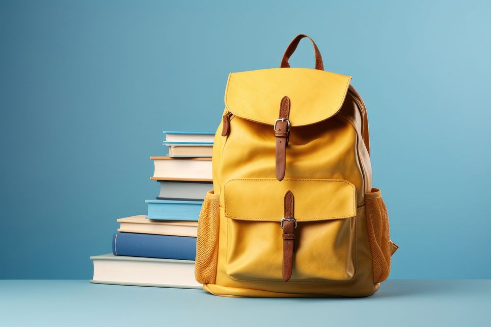 A yellow backpack handbag book blue.
