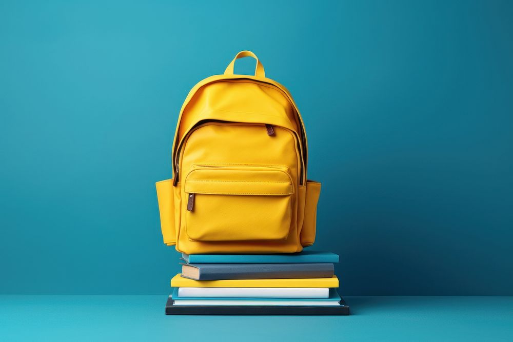 A yellow backpack blue book blue background.