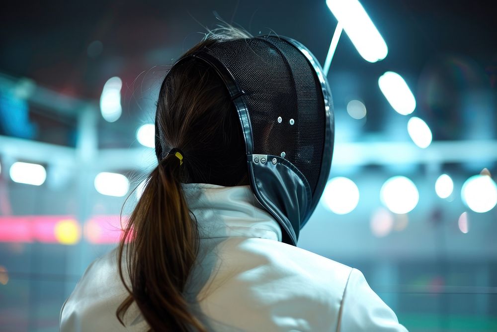 Woman fencing adult person headphones.