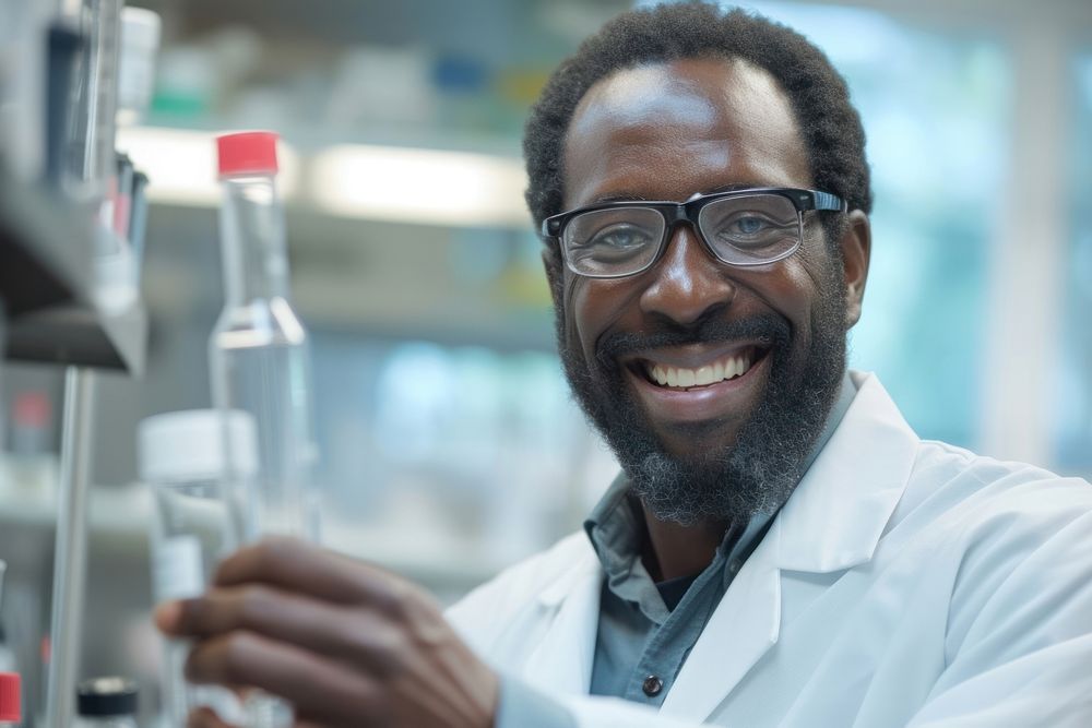 Scientist smiling scientist holding glasses.