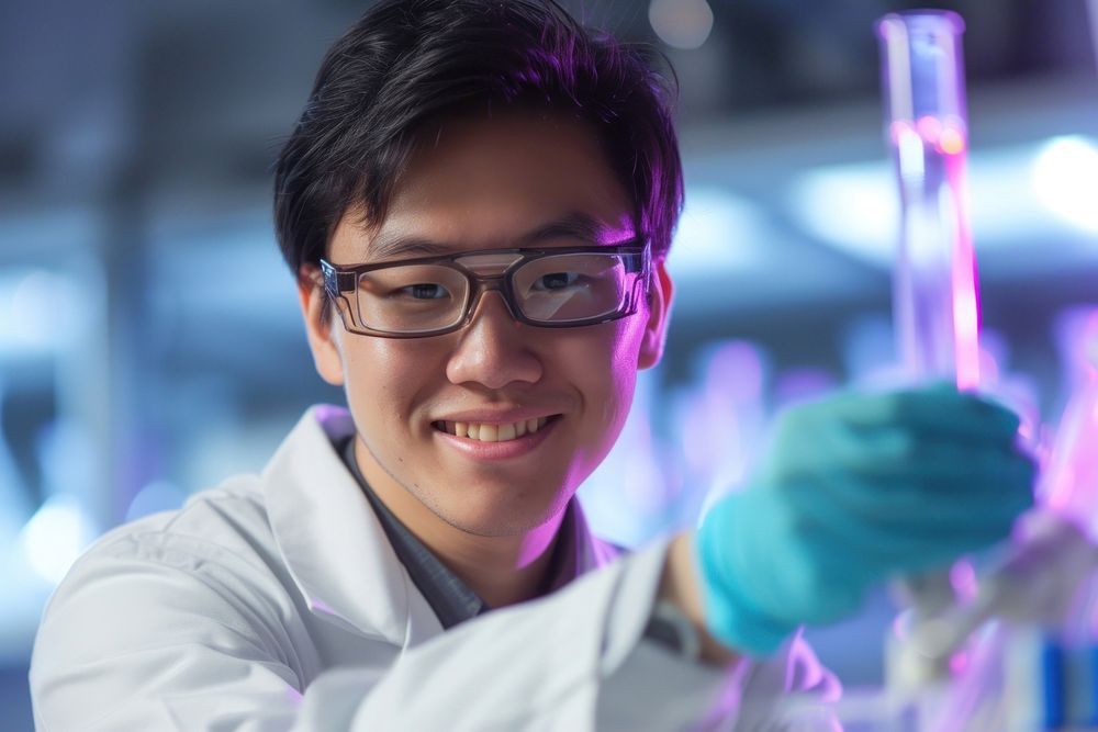 Asian Scientist smiling scientist glasses holding.