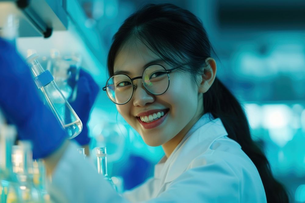 Asian Scientist smiling scientist holding glasses.