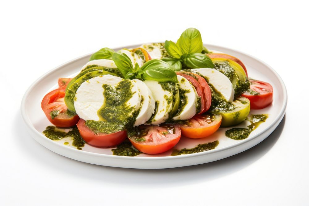 Caprese Salad with Pesto Sauce dish salad sauce plate.