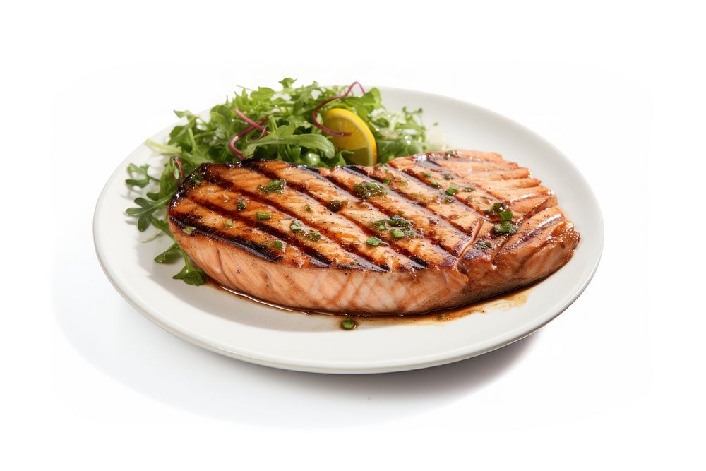 Salmon grill steak on dish seafood plate white background.