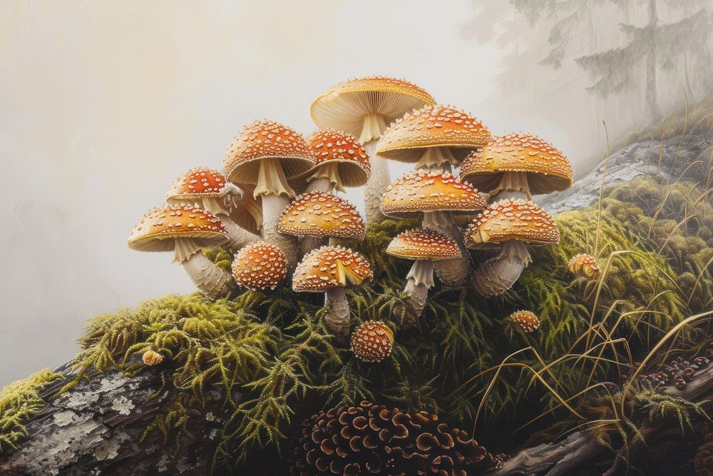 A group of mushrooms fungus plant moss.