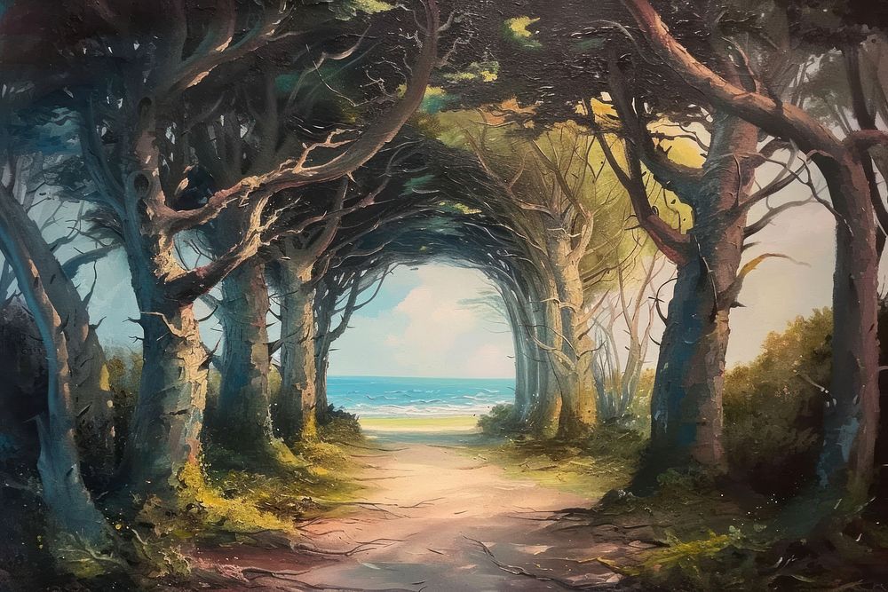 Mature beach trees tunnel landscape painting sea.
