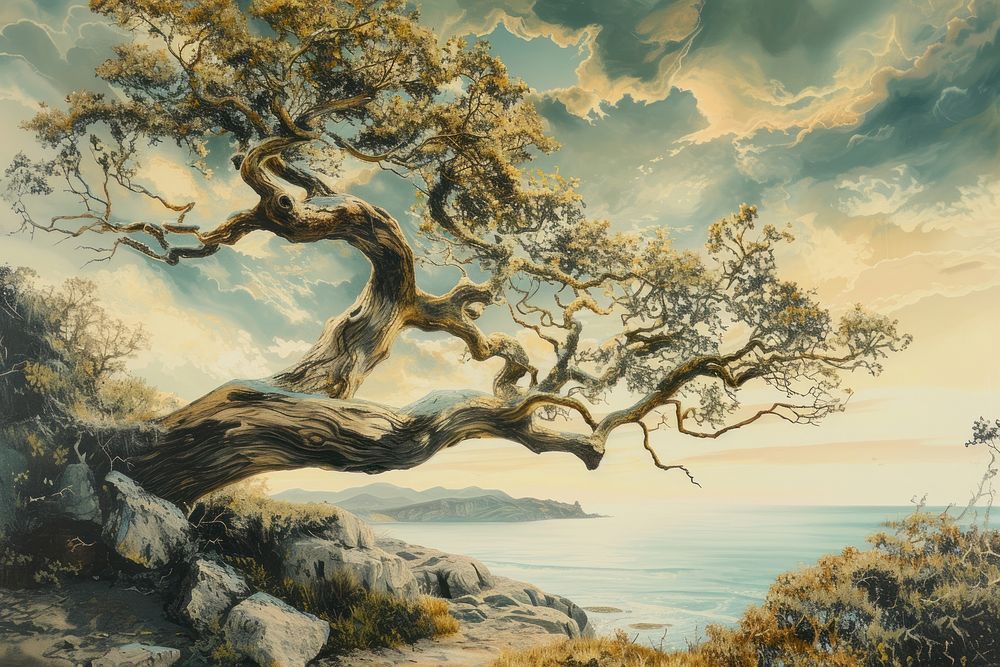 Ancient beach tree landscape painting outdoors.