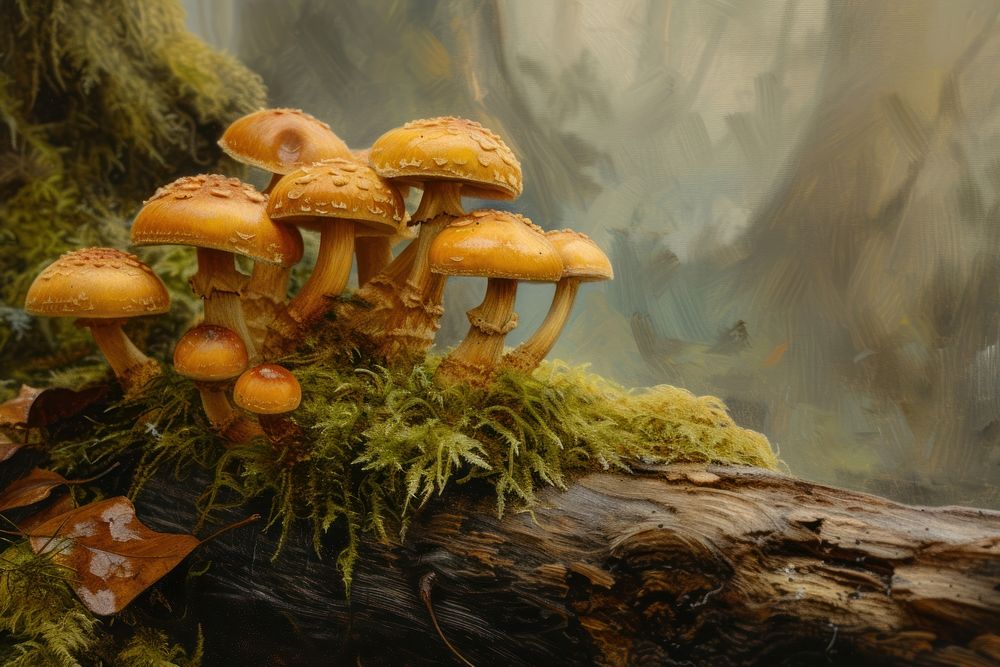 A group of mushrooms fungus plant moss.