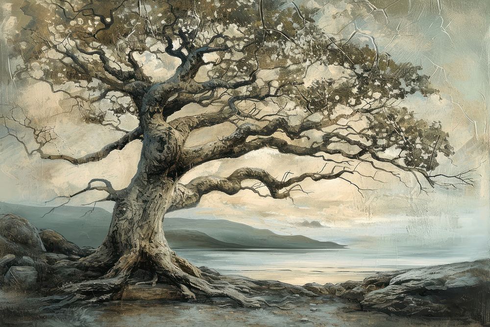 Ancient beach tree painting landscape plant.