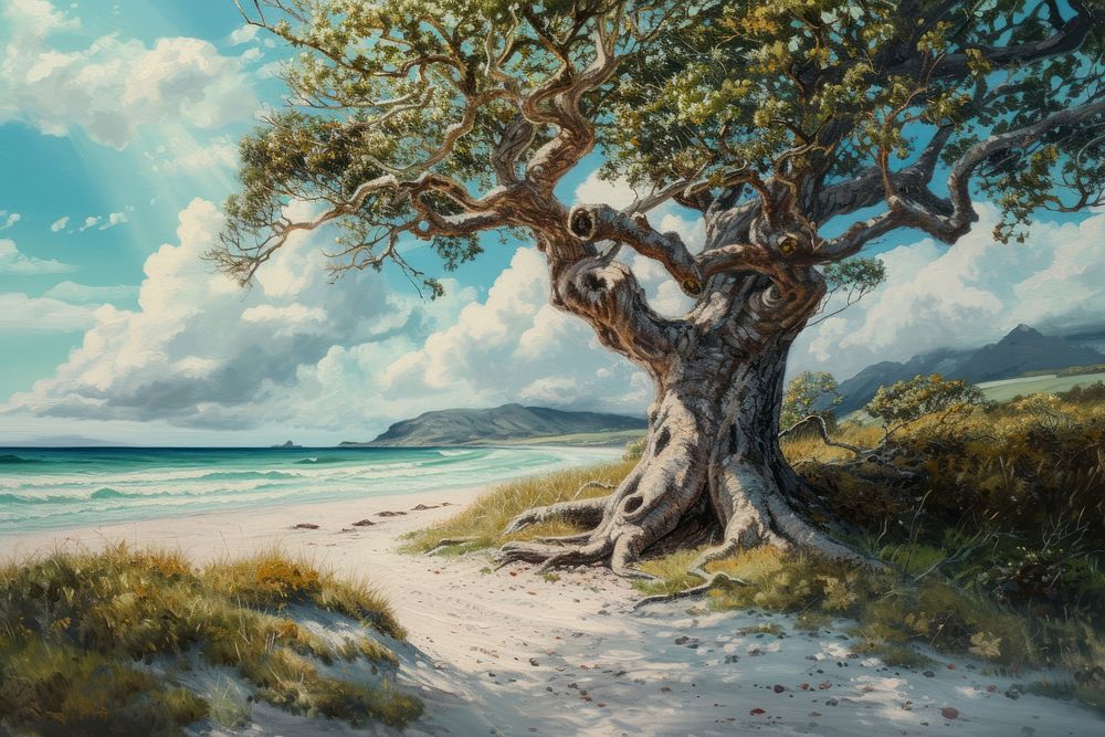 Ancient beach tree landscape painting sea.