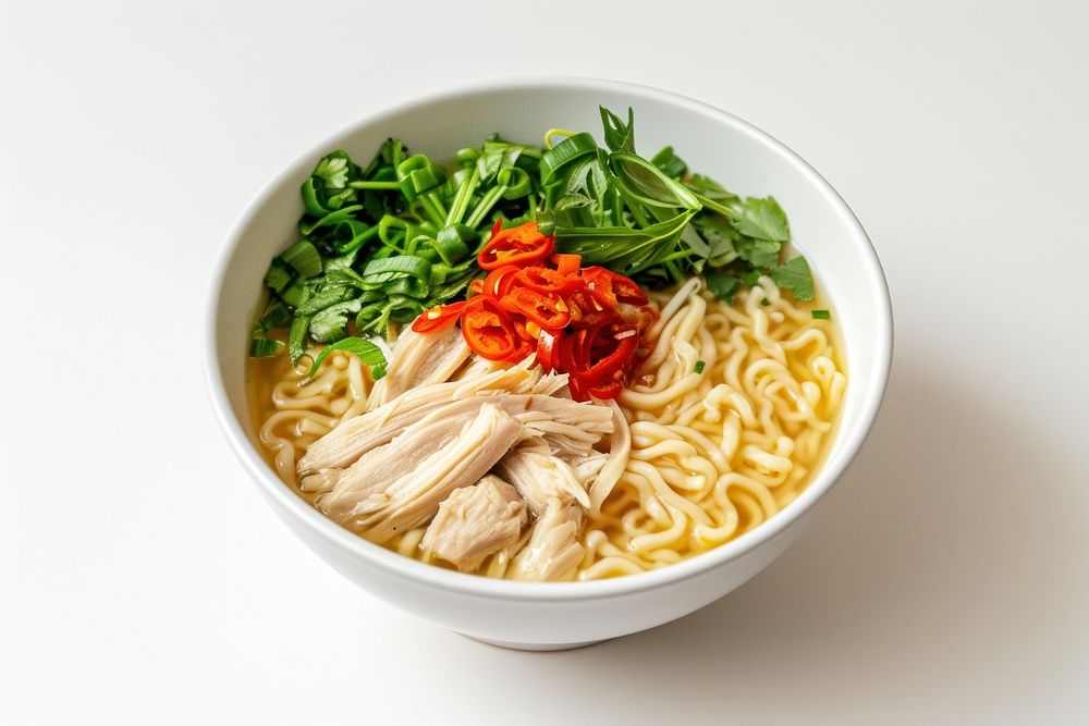 Bowl of chicken noodles bowl plate food.
