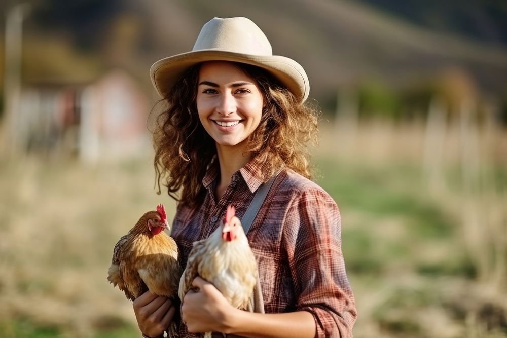Female farmer on farm with chicken poultry animal adult.