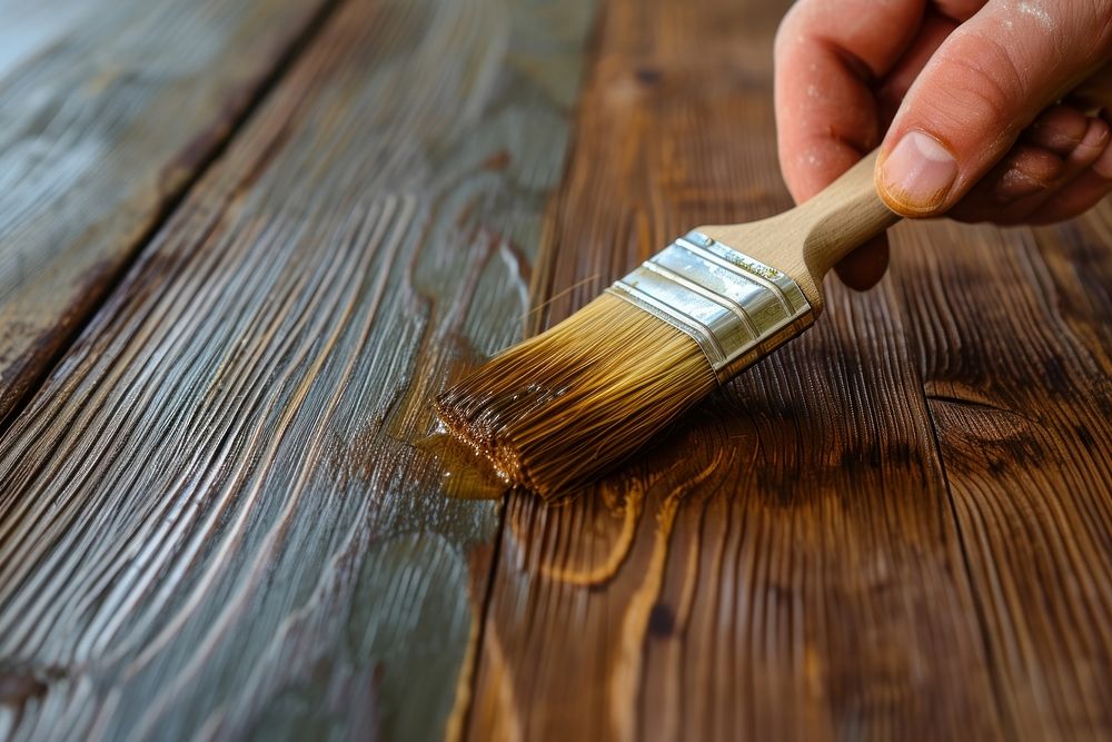 Hand holding a paint brush Craftsman painted wood varnish hardwood hand woodworking.