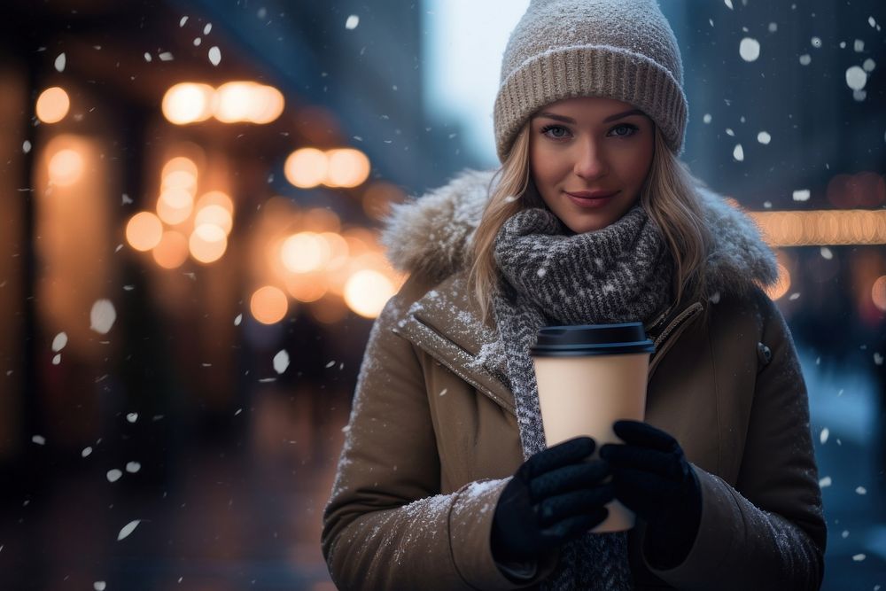 Woman in a jacket holding a coffee cup snow christmas snowflake.
