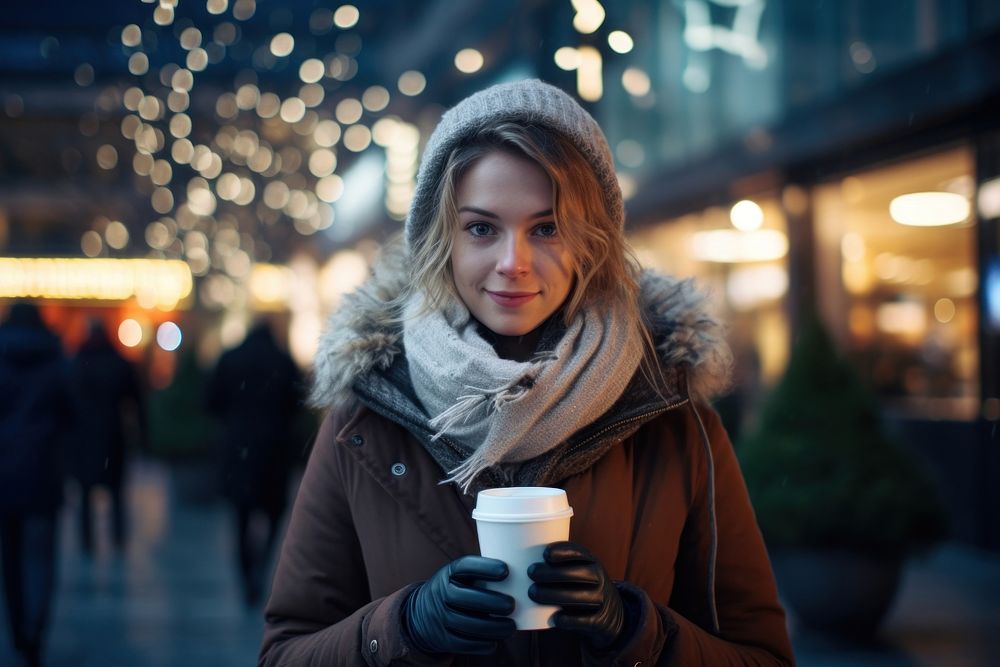 Woman in a jacket holding a coffee cup portrait street scarf.