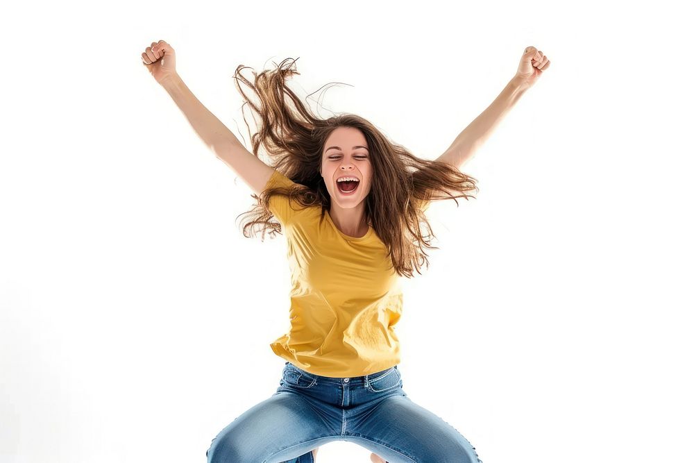 Woman Jump shouting adult white background.