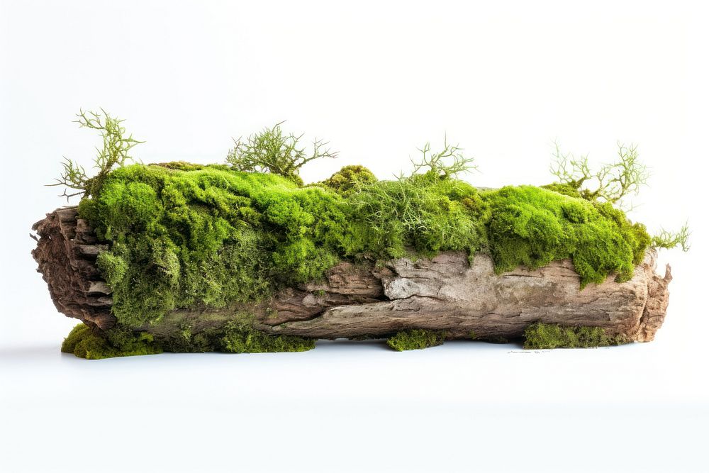 Fresh green moss on rotten trunk plant tree outdoors.