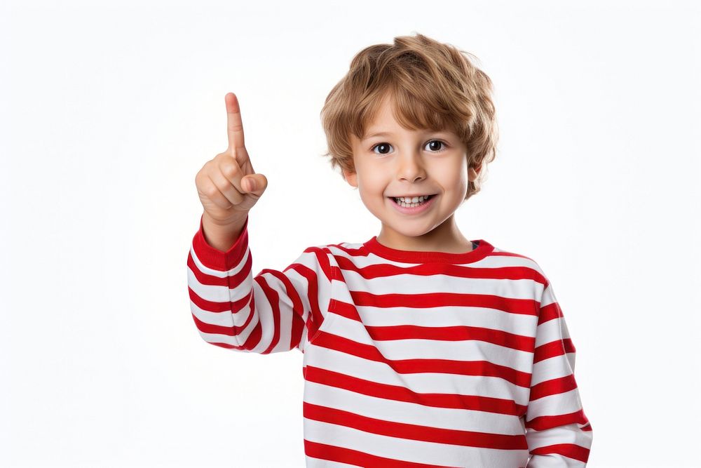 Kid boy with pointing up portrait finger child.