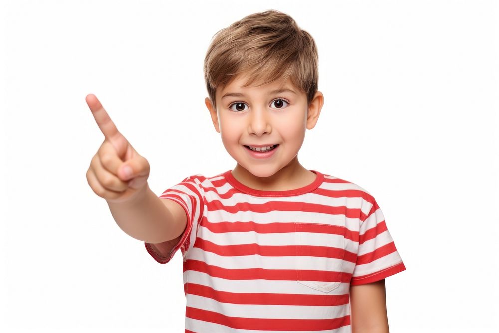 Kid boy with pointing up portrait t-shirt finger.