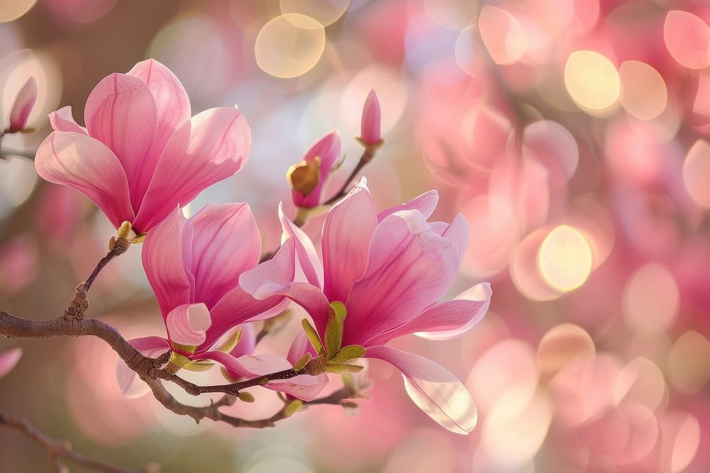 Photo of pink magnolia floral branch nature outdoors blossom.