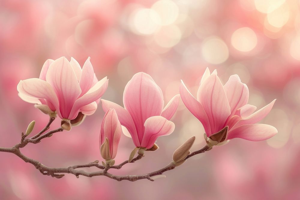 Pink magnolia floral branch nature backgrounds outdoors.