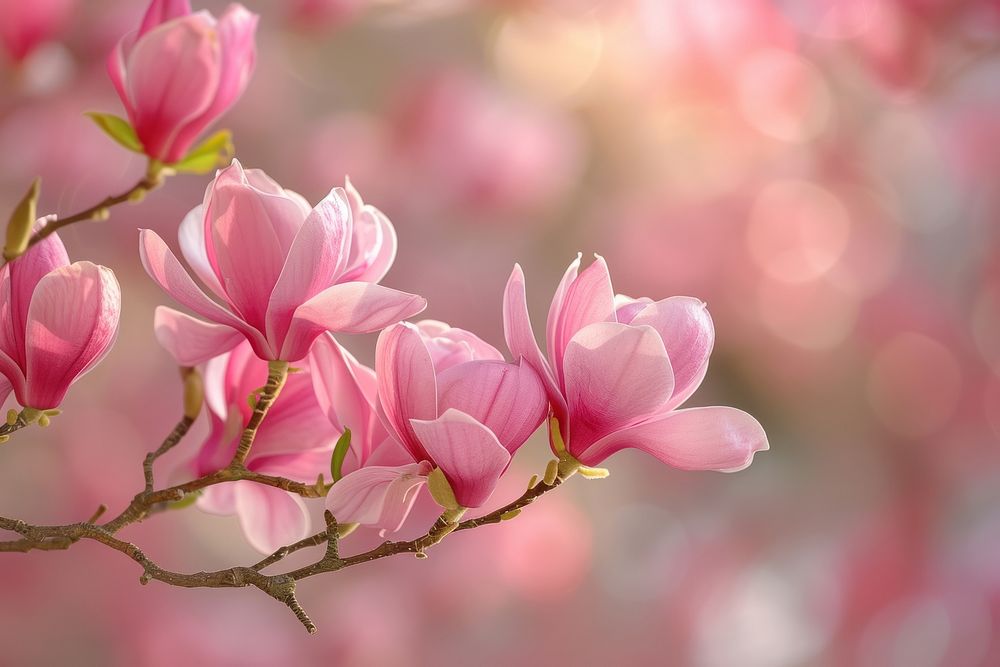 Photo of pink magnolia floral branch nature outdoors blossom.