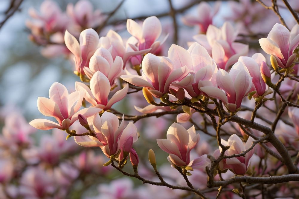 Photo of wild pink magnolia floral nature outdoors blossom.