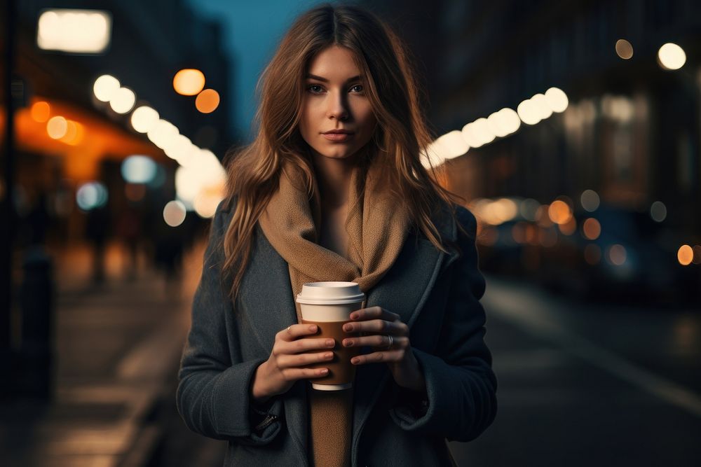 Woman holding a coffee cup on the street portrait light night.