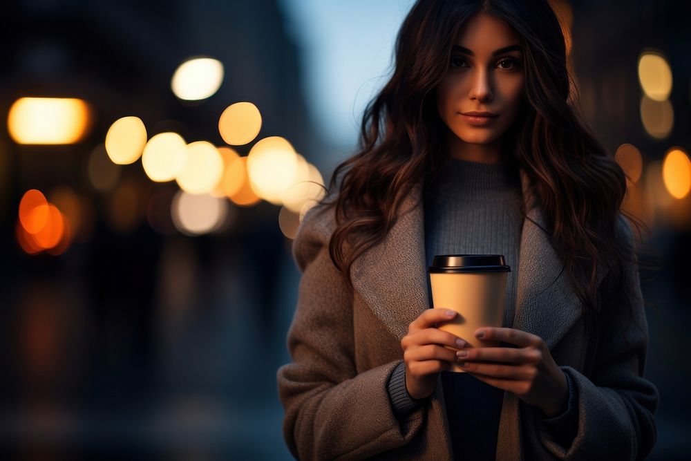 Woman holding a coffee cup on the street portrait light night.