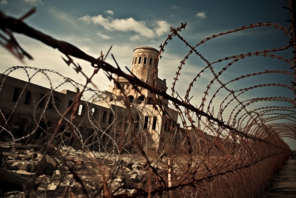 Abandoned prison wire fence architecture.