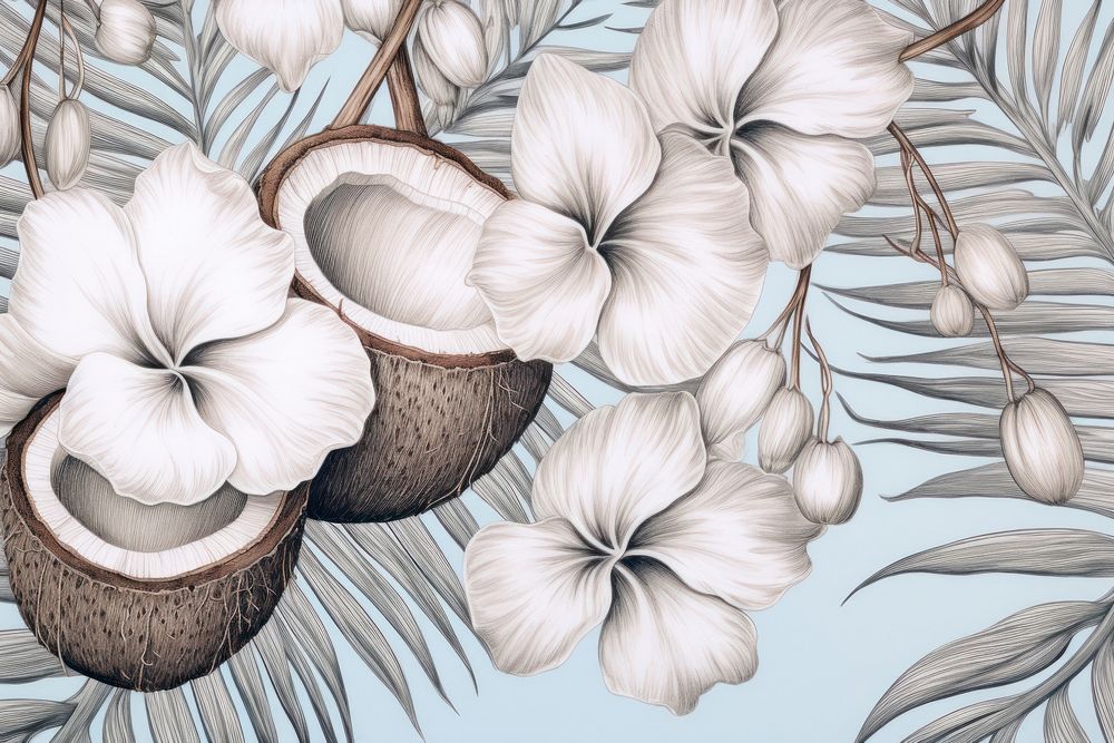 Vintage drawing of coconut pattern sketch flower plant.