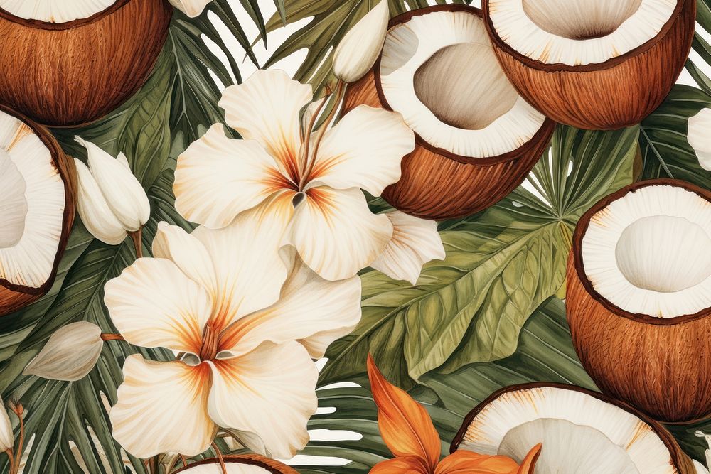 Vintage drawing of coconut pattern backgrounds flower plant.
