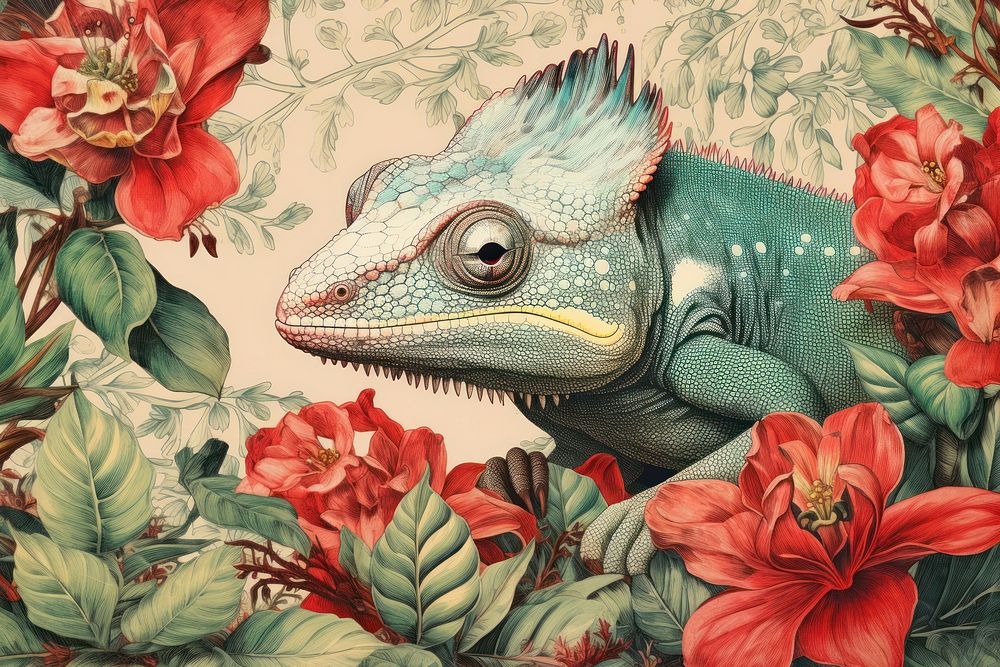 Vintage drawing of chameleon pattern flower reptile animal.