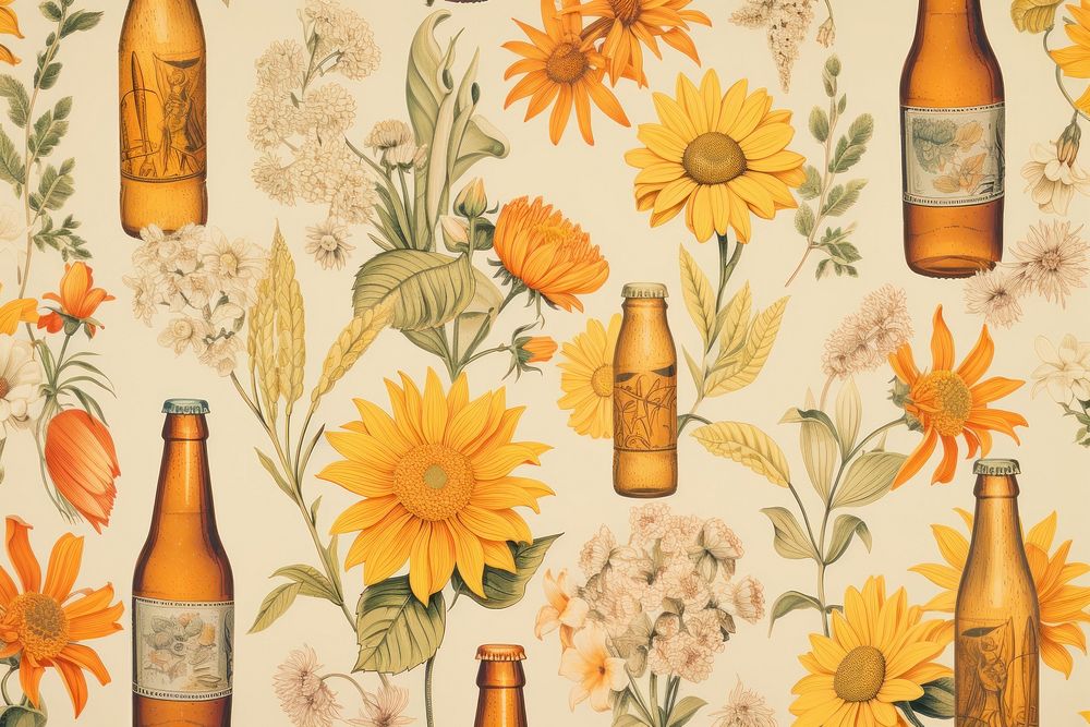 Vintage drawing of beer bottle pattern flower backgrounds plant.