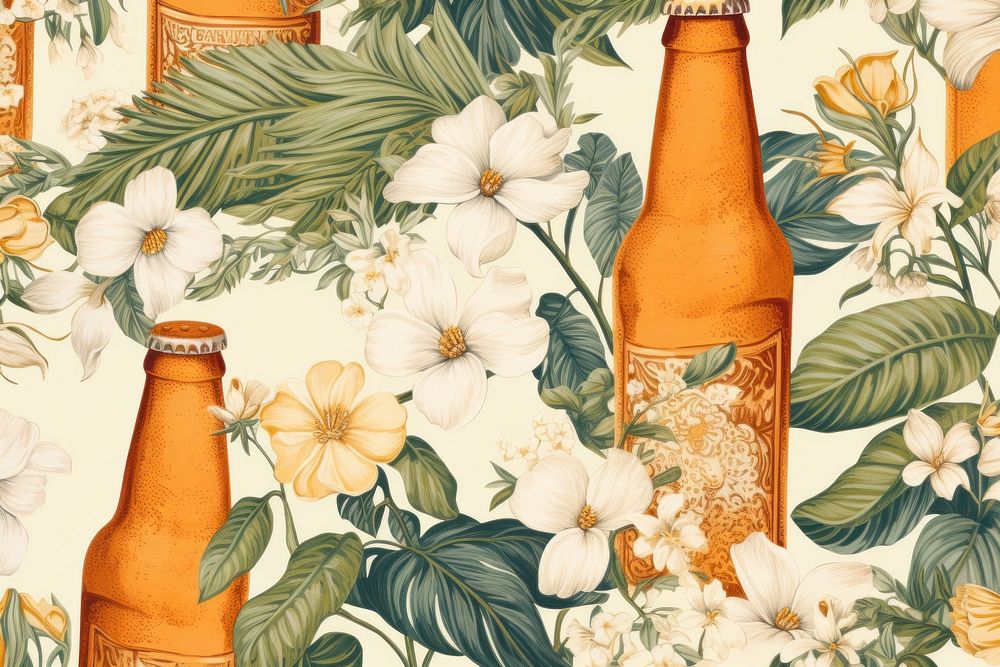 Vintage drawing of beer bottle pattern flower backgrounds drink.