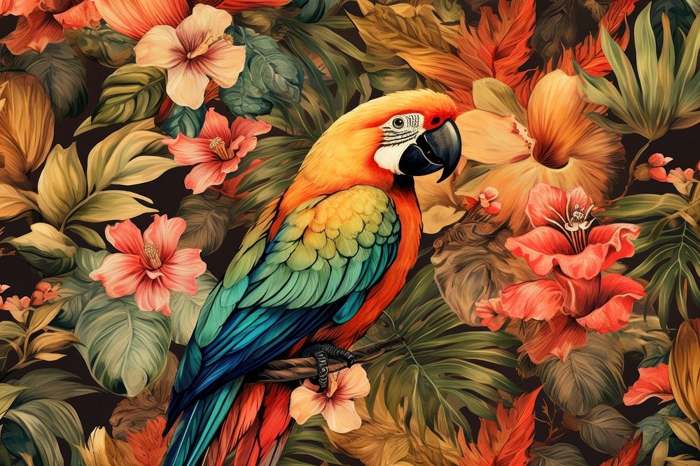 Vintage drawing of bird of flowers pattern backgrounds parrot animal.
