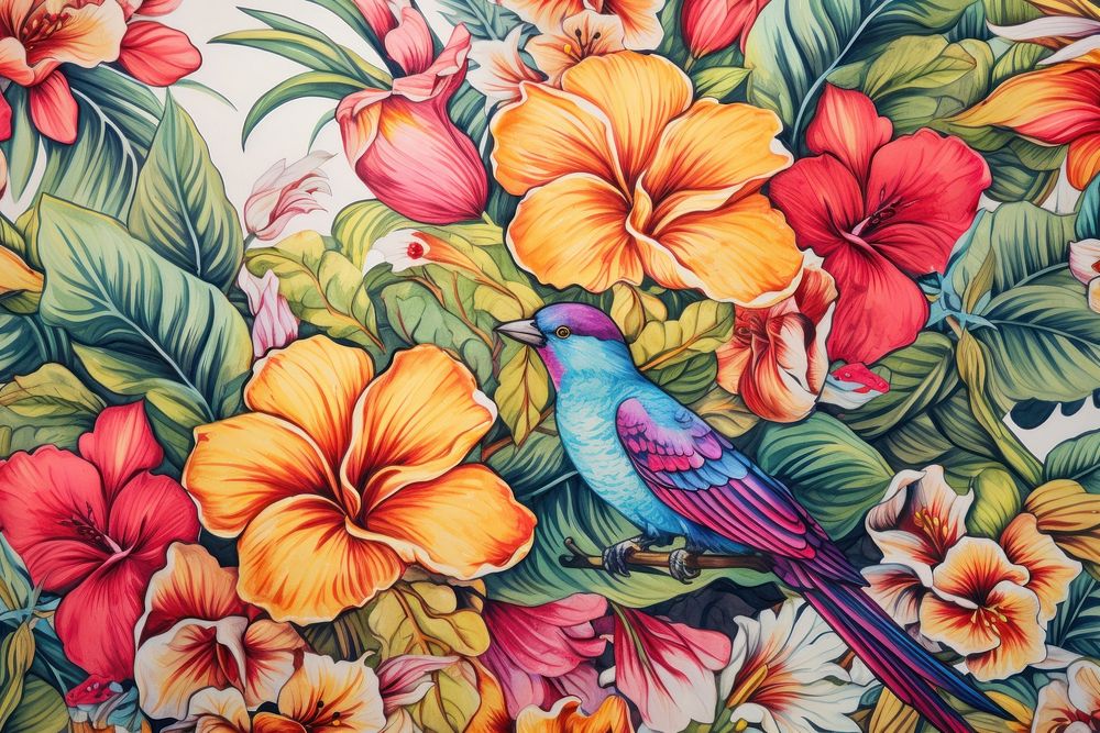 Vintage drawing of bird of flowers pattern backgrounds painting plant.
