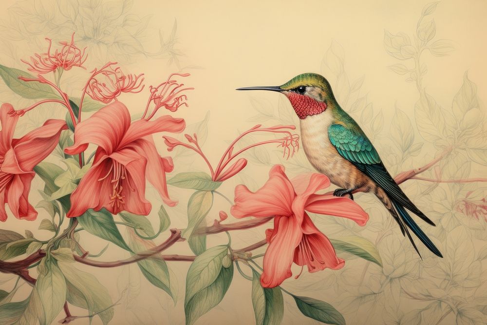 Vintage drawing of bird of flowers hummingbird animal sketch.