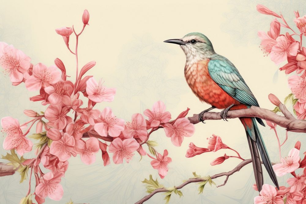 Vintage drawing of bird of flowers blossom animal plant.