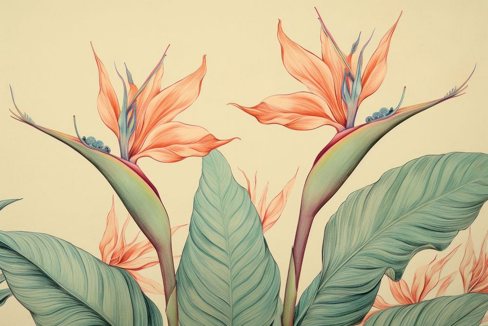 Vintage drawing of bird of paradise pattern flower sketch painting.