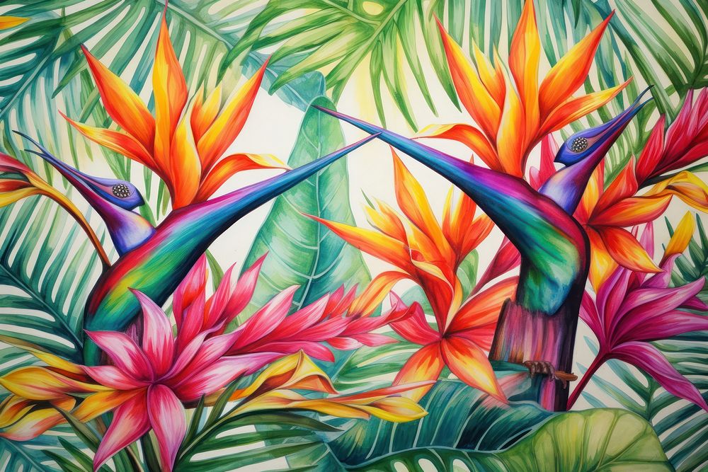 Vintage drawing of bird of paradise pattern flower backgrounds outdoors.