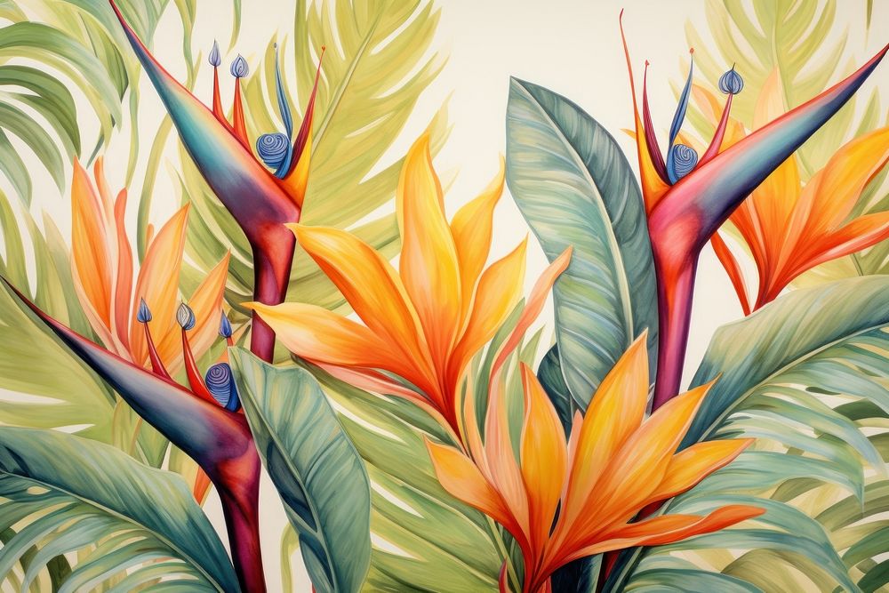 Vintage drawing of bird of paradise pattern flower backgrounds painting.