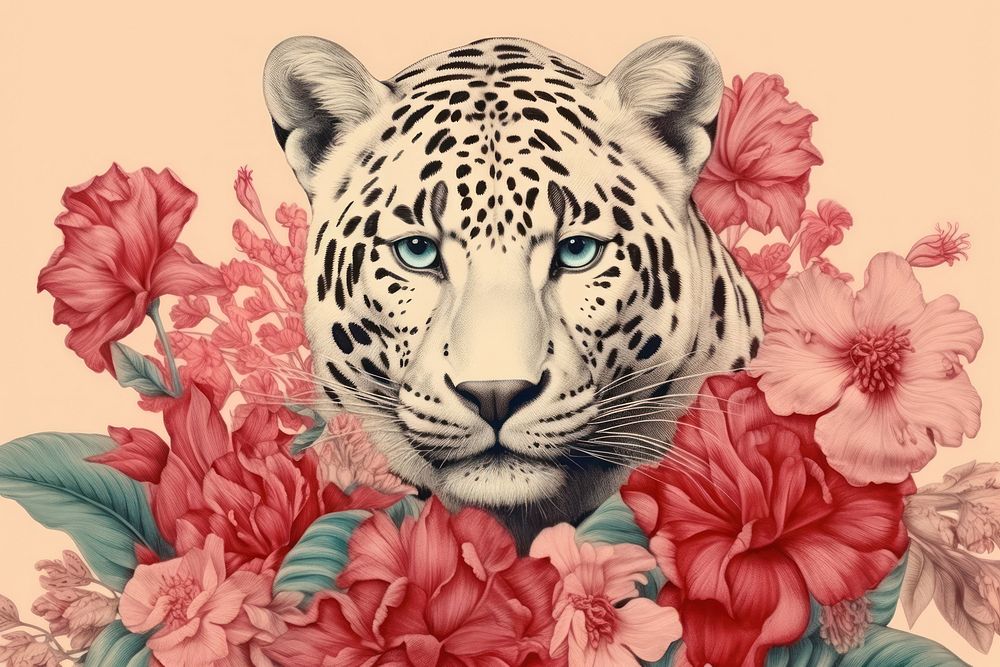 Vintage drawing of jaguar flower wildlife leopard.